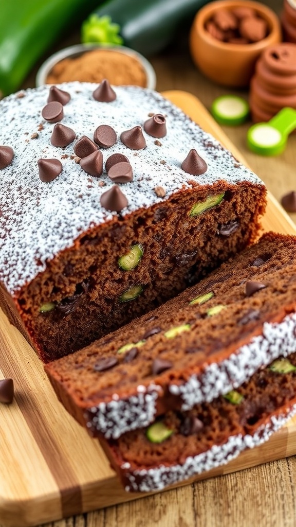 Sliced chocolate almond flour zucchini bread on a wooden board, garnished with powdered sugar and chocolate chips.